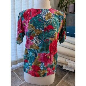 TESS Vintage Blouse Women's Medium 100% Silk Top Summer Florals Retro Multicolor